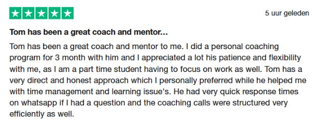 Five-star review: Tom has been a great coach and mentor